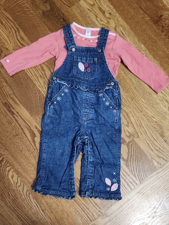 GAP Other - VTG Baby Gap Denim Ruffle Overalls & Floral Top Set 12-18M Y2K 2003 2006 Cottage